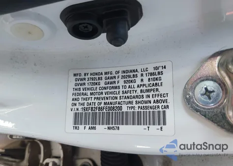 2015 Honda Civic Ex из США, поврежденный, VIN 19XFB2F86FE008200